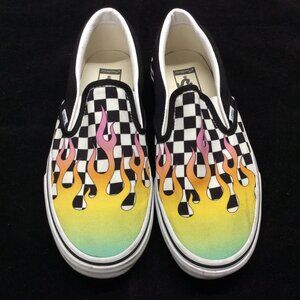 Vans Off The Wall 721454 Black White Flames Shoes Sneakers Mens 7.5 Womens 9
